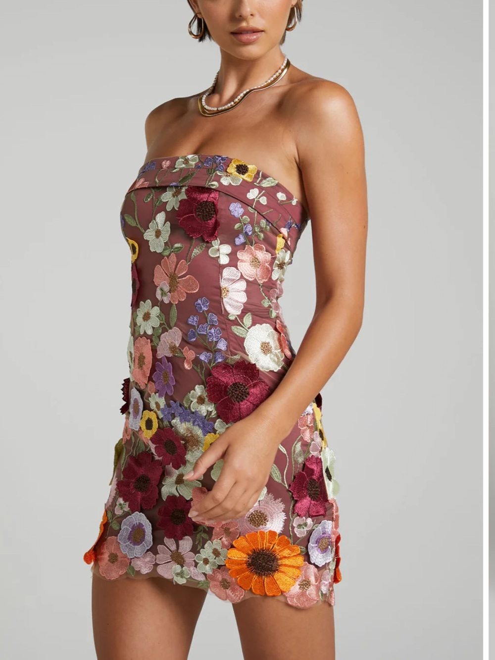 Showpo Strapless Floral Mini Dress in Mauve with Multi-Color Embroidery